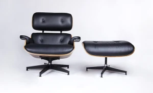 King Home Fotel LOUNGE HM PREMIUM SZEROKI z podnóżkiem czarny - sklejka orzech, skóra naturalna