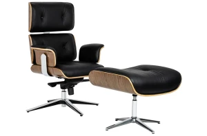 King Home Fotel biurowy LOUNGE BUSINESS czarny z podnóżkiem - sklejka orzech, skóra naturalna, stal polerowana