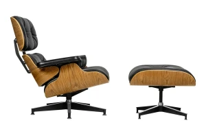 King Home Fotel LOUNGE HM SOFT PREMIUM SZEROKI z podnóżkiem czarny  - sklejka orzech, skóra naturalna