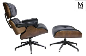 Modesto Design fotel LOUNGE z podnóżkiem czarny - sklejka orzech, skóra ekologiczna
